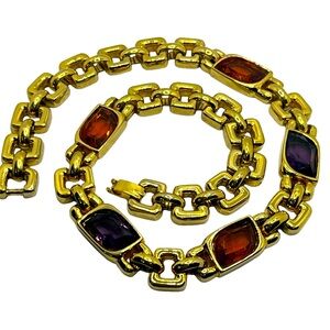 DAVID GRAU Spain Gold Tone Citrine & Amethyst Crystal Necklace thick chain